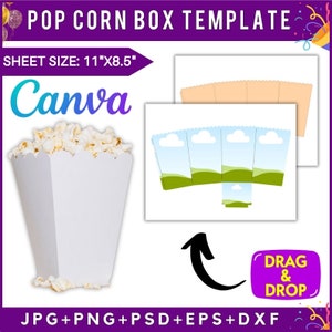 Modello scatola di popcorn, modello mockup scatola di snack, modello vuoto scatola di popcorn, decorazioni per bomboniere, Canva, Cricut, png, pdf, psd