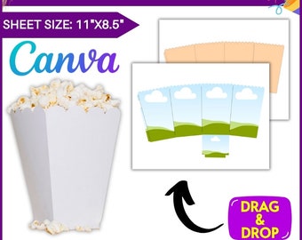Modello scatola di popcorn, modello mockup scatola di snack, modello vuoto scatola di popcorn, decorazioni per bomboniere, Canva, Cricut, png, pdf, psd