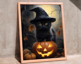 Halloween Cat Art Print: Spooky Witch Cat Poster (Digital Download)
