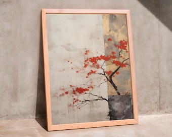 May include: A framed painting of a stylized tree with red leaves against a light gray and gold background.