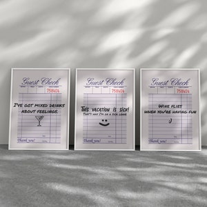 Guest Check Wall Art | Guest Check Print | Set Of 3 Prints | Guest Check Art Print | Trendy Wall Art | Funky Decor | Retro Wall Art Print