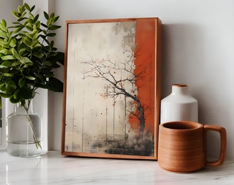 May include: A framed painting of a stylized tree with branches in shades of brown and red against a white and gray background. The frame is made of wood and has a natural finish.