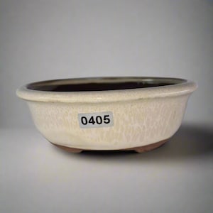 May include: A cream-coloured, oval-shaped bonsai pot with a speckled texture. The rim is dark brown, and the base has three small feet. A sticker with the number "0405" is affixed to the front of the pot. This ceramic pot is designed for growing bonsai trees.