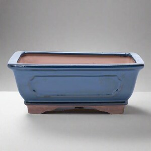 May include: A rectangular bonsai pot, painted light blue with a pinkish-brown interior. The pot has a decorative panel on the side and a slightly raised base. Ideal for cultivating bonsai trees, this pot measures approximately 30 cm in length.
