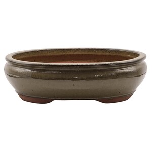 May include: An oval bonsai pot with a glazed, olive-green exterior and a reddish-brown interior and base. The pot has a low profile with a rounded rim and three small feet. The ceramic pot is designed for growing bonsai trees.