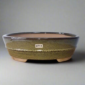 May include: An oval bonsai pot with a textured, olive-green exterior and a dark brown rim. The interior is a light brown colour. The pot has a label with the number "0711" and sits on three small feet.