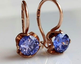 Vintage Soviet Gold Earrings with blue corundum, USSR  Weight: 2.7 g