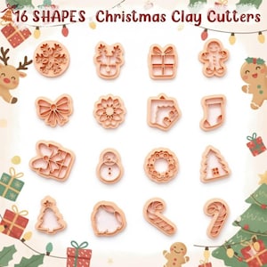 Puede incluir: Dieciséis cortadores de arcilla con temática navideña en varias formas, incluyendo un copo de nieve, reno, caja de regalo, hombre de jengibre, lazo, flor, casa, calcetín, muñeco de nieve, corona, árbol de Navidad, Papá Noel y bastón de caramelo. El texto "16 SHAPES Christmas Clay Cutters" está en la parte superior.