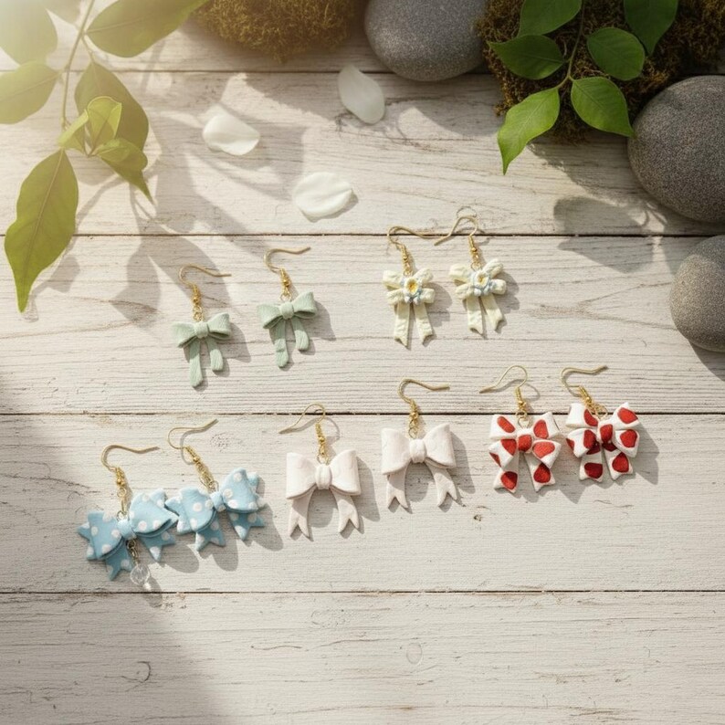 May include: A collection of handmade bow earrings in various colors, including light blue with white polka dots, white, red with white hearts, and mint green. Each earring features a gold-colored hook.