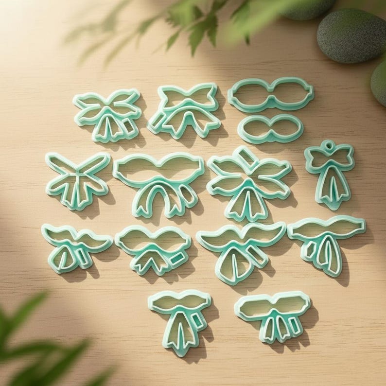 May include: A collection of light teal-colored bow-shaped cookie cutters in various designs. The cutters are made of plastic and are arranged on a light brown surface. The image is well-lit, showcasing the details of each cutter.