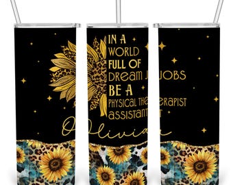 Personalized PTA Sunflower Leopard Tumbler – Custom Name Physical Therapist Assistant Gift for Women, 20oz, 30oz Stainless Steel Tumbler