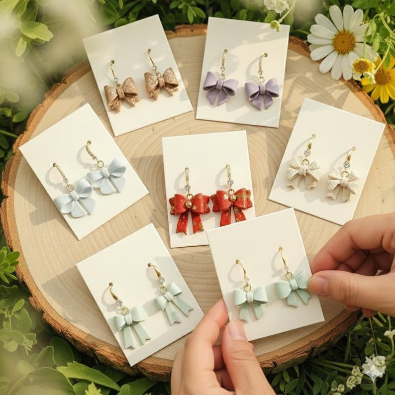 May include: A collection of bow-shaped earrings in various colors, including light blue, red, and beige, displayed on white cards. The earrings have gold-colored hoops and are arranged on a wooden surface, showcasing a variety of styles.