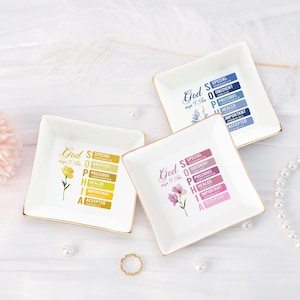 Personalized Christian Jewelry Dish – “God Says I Am” Ceramic Tray with Name & Bible Verses | Inspirational Gift for Women, Girls, Moms
