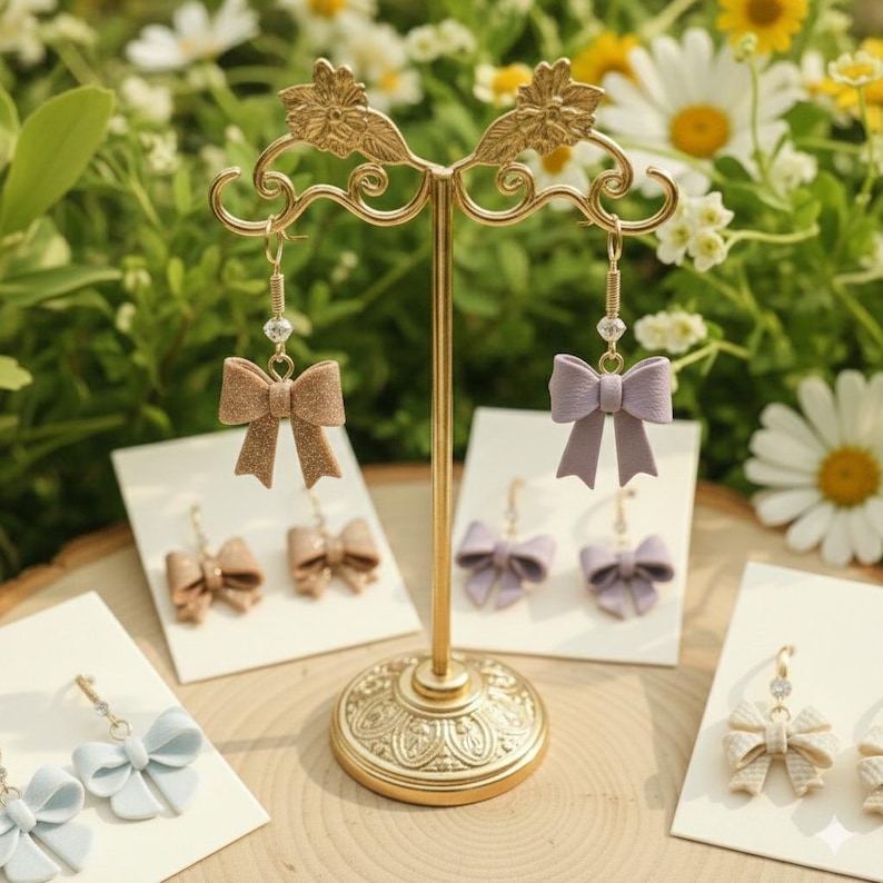 May include: A gold-colored earring display stand holding several pairs of bow-shaped earrings. The earrings are in various colors, including tan, lavender, and light blue. Each earring has a crystal accent. The background features greenery and white flowers.