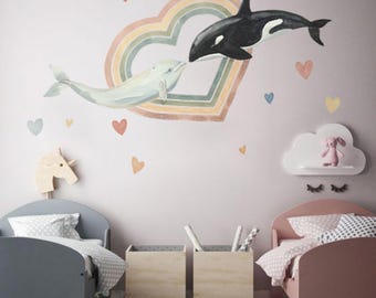 Orca & Dolphin Wall Decal: Boho Kids Room Mural (50x37 inches)