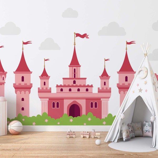 Princess Castle Wall Decal - Peel & Stick Pink Fairy Tale Stickers For Girls Room