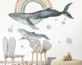 Removable Under Water wall art Blue Whale Wall Decal Bohemian Style Wall Sticker for Study Room Wallpaper Bedroom Wall Murals