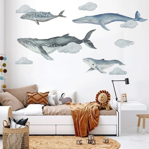 Removable Under Water wall art Blue Whale Wall Decal for Study Room Wallpaper Bedroom Wall Murals