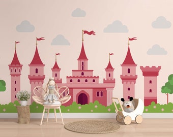 Pink Princess Castle Wall Decal, Girl's Nursery Decor (70x138 inches)