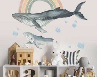 Whale Wall Decal, Boho Style Sticker for Kid's Room