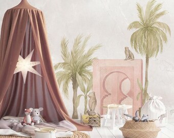 Moroccan Palms Wall Decal, Monkey Mural, Removable Wall Art