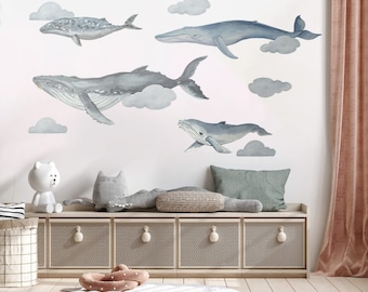 Peel And Stick Water Calor Whales Wall Decal Ocean Wall art for Kid Room Wallpaper Living Room Wall Murals