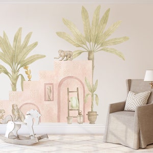 Adesivo murale edificio marocchino Carta da parati marocchina Adesivo murale palma Piante tropicali Arte murale per camera da letto Adesivo murale sala studio
