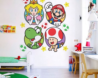 May include: A set of four colorful wall decals featuring characters from the Super Mario Bros. video game series. The decals include Mario, Luigi, Princess Peach, and Yoshi. The decals are perfect for adding a fun and whimsical touch to any child's room.