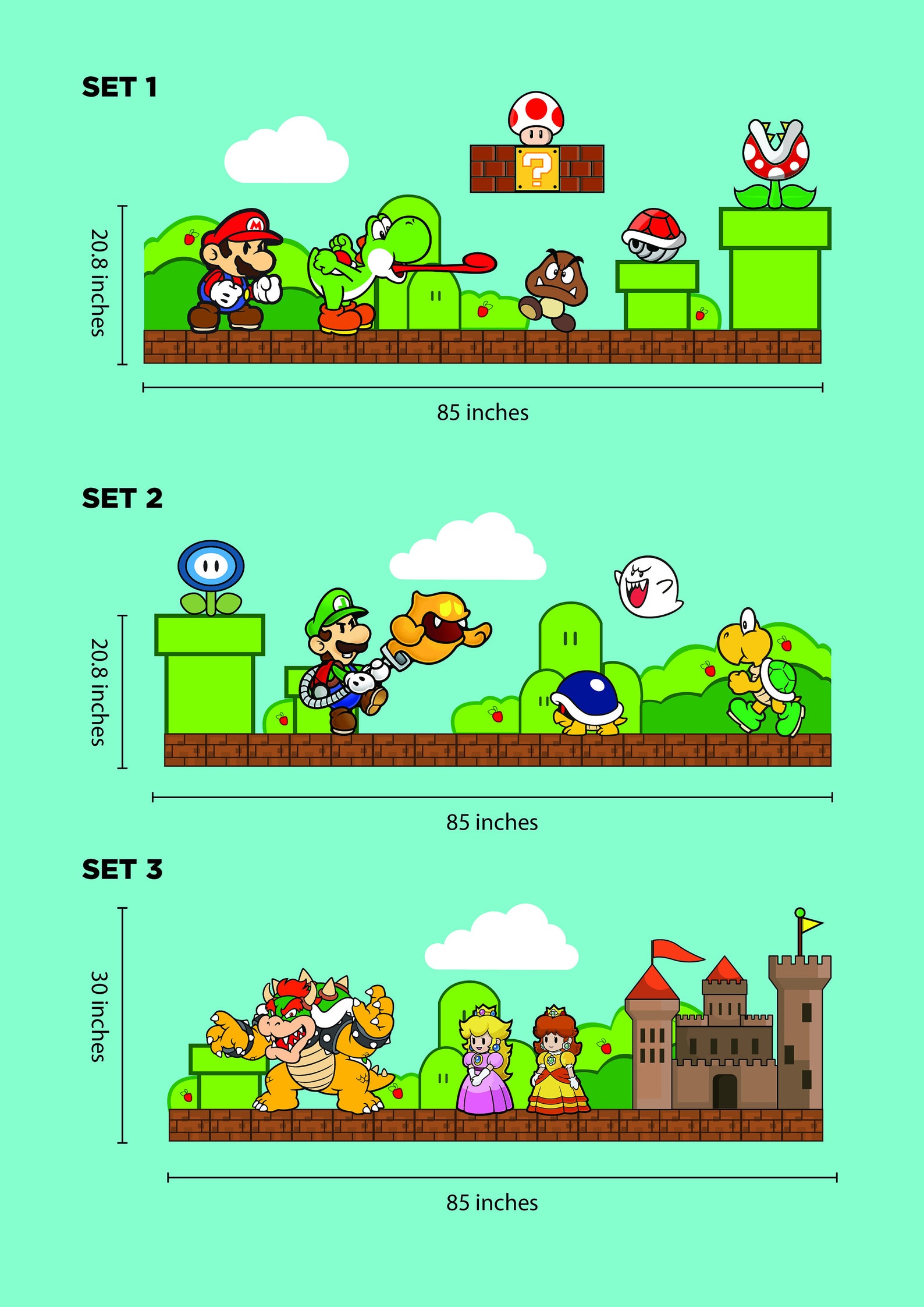 Super Mario Wall Decal Luigi Wallpaper King Koopa Wall Etsy