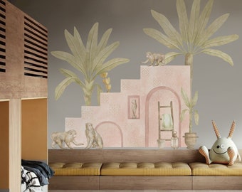 Moroccan Monkey Wall Decal | Palm Tree Building Mural