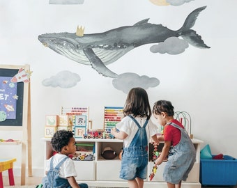 Removable Under Water wall art Blue Whale Wall Decal Bohemian Style Wall Sticker for Study Room Wallpaper Bedroom Wall Murals