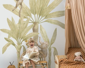 Moroccan Palm Tree Wall Decal with Monkeys, Kids Room Decor