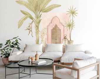 Moroccan Palm Tree Wall Decal with Monkey – Bedroom Wall Art