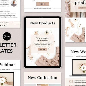 Op de afbeelding: E-mail nieuwsbrief sjablonen met een lichtbruine achtergrond. De sjablonen bevatten afbeeldingen van schoenen, bloemen en een laptopscherm met een afspeelknop. De tekst op de sjablonen omvat "Nieuwe producten", "Nieuw webinar", "Nieuwe collectie" en "Nieuwe productnaam".