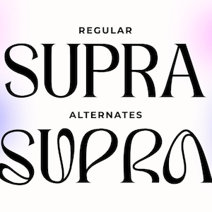 Puede incluir: Un diseño de fuente llamado "Supra" en texto negro. La palabra "Supra" se muestra en un estilo regular y un estilo alternativo.