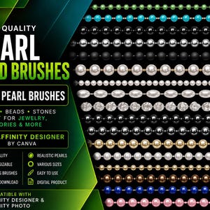 May include: A digital collection of 28 pearl bead brushes for Affinity Designer, featuring horizontal rows of beads in various colors including green, blue, black, white, silver, gold, brown, and pink, with text reading HIGH QUALITY PEARL BEAD BRUSHES.