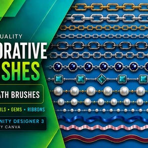 May include: A digital collection of 50 decorative path brushes for Affinity Designer 3 by Canva, featuring various chain links, blue and teal gemstones, white pearls, and wavy ribbons displayed against a solid blue background with green accents.