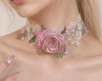 Handmade Rose Lace Choker, Pink Floral Necklace, Victorian Cottagecore Fairycore Jewelry