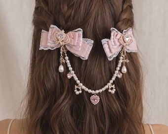 Handmade Lace Bow Hair Clip & Pearl Chain, Crown Bow Clip, Coquette Princess Hair Accessory, Romantic Kawaii Hair Bow