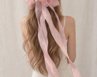 Oversized Chiffon Bow Hair Clip, Extra Long Ribbon Hair Bow, Handmade Coquette Balletcore Hair Accessory
