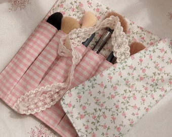 Handmade Floral Makeup Brush Roll, Lace Makeup Brush Organizer, Pink Gingham Cosmetic Pouch, Coquette Travel Brush Case