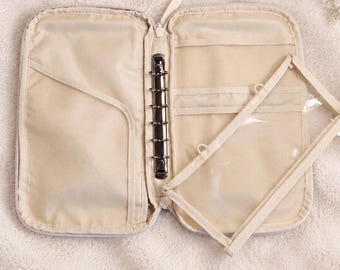 Small Cream Planner Organiser Bag, Compact Multi Pocket Stationery Case with Ring Binder