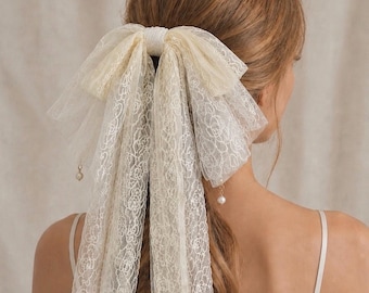 Handmade Ivory Lace Bow Hair Clip, Long Tail Pearl Hair Bow, Romantic Coquette Lolita Bridal Hair Accessory