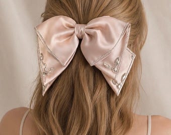 Oversized Satin Bow Hair Clip with Crystal Details, Coquette Rhinestone Hair Bow, Romantic Statement Hair Accessory