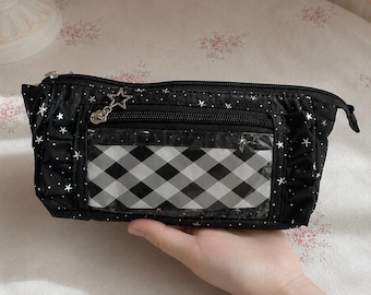 Starry Large Capacity Pencil Case, Black White Gingham Pen Pouch, Japanese Kawaii Stationery Organiser, Coquette School Storage Bag
