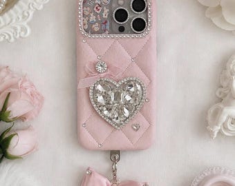 Quilted Rhinestone iPhone Case with Heart Phone Stand, Coquette Bow Pearl Charm Phone Case, Balletcore Girly iPhone Cover