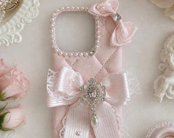 Pink Quilted Bow Pearl iPhone Case, Balletcore Princess Ribbon Cover