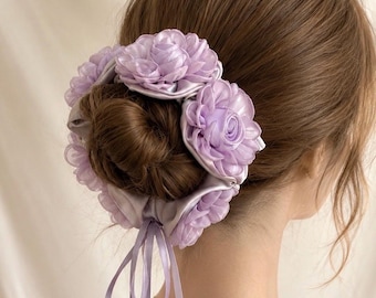 Lavender Rose Scrunchie with Ribbon | Satin Floral Hair Tie, Coquette Balletcore Accessory