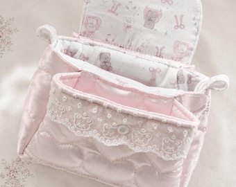 Handmade Pink Quilted Makeup Bag, Kawaii Bear Storage Pouch, Heart Lace Cosmetic Organizer, Coquette Travel Case