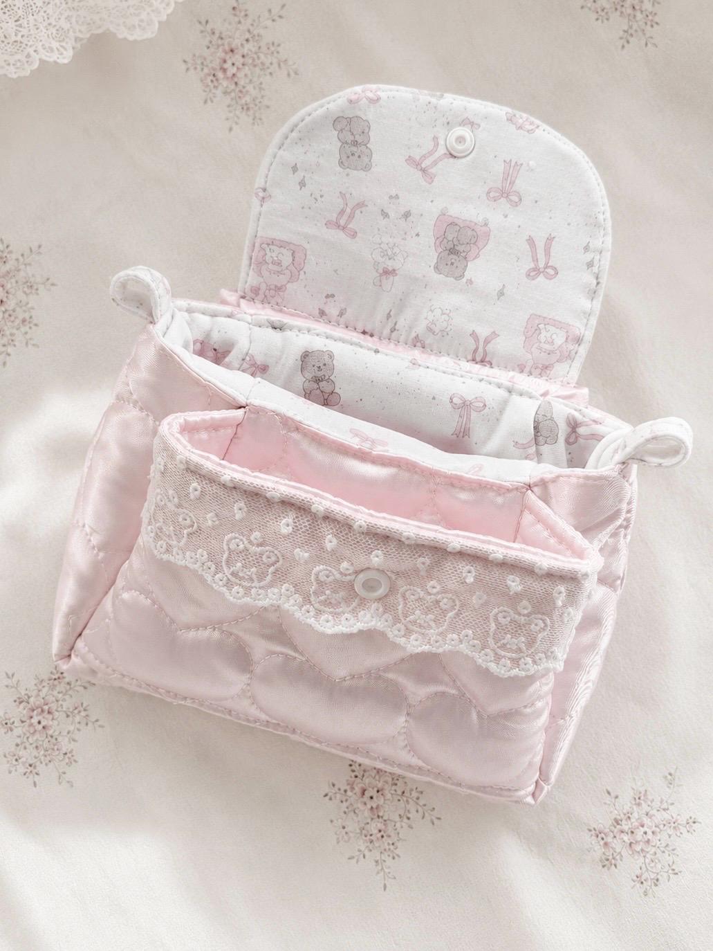 Handmade Pink Quilted Makeup Bag, Kawaii Bear Storage Pouch, Heart Lace Cosmetic Organizer, Coquette Travel Case